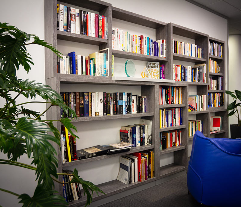 Stunning custom bookcase at Clyde Blowers Capital Ltd - Designed and Installed by Jack Hyams